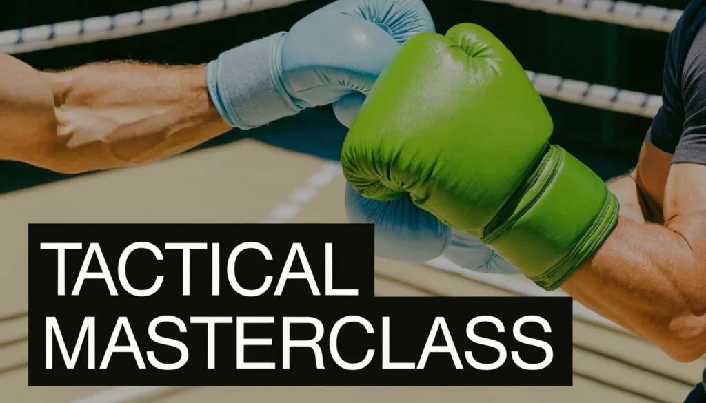 Close-up of boxing gloves clashing in ring with Tactical Masterclass headline promoting fight strategy analysis
