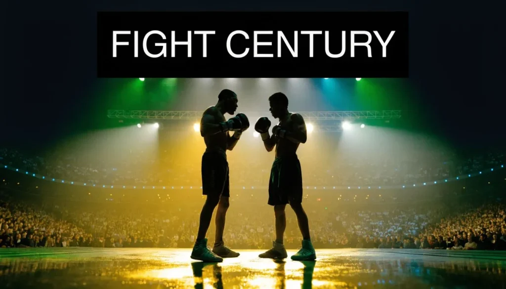 Boxers facing off under arena lights before a major championship fight with Fight Century headline text