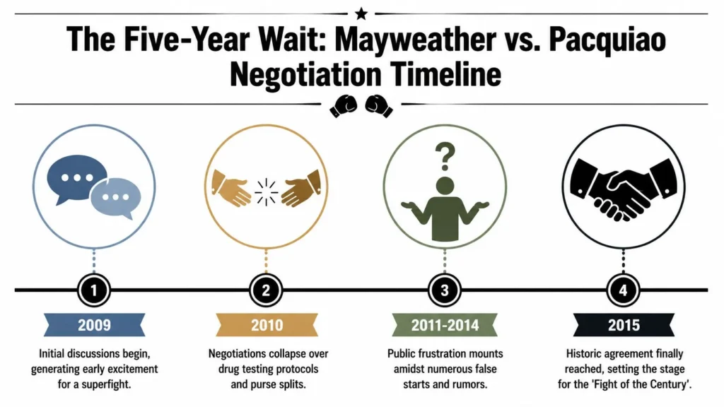 Timeline infographic of Mayweather vs. Pacquiao fight negotiations from 2009 to the 2015 agreement