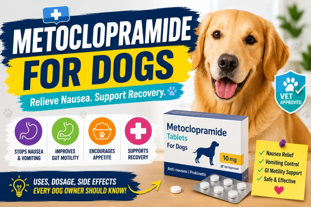 Metoclopramide for Dogs: 2026 Dosage and Safety Guide Metoclopramide for dogs thumbnail with golden retriever, medicine box, and colorful pet health graphics.