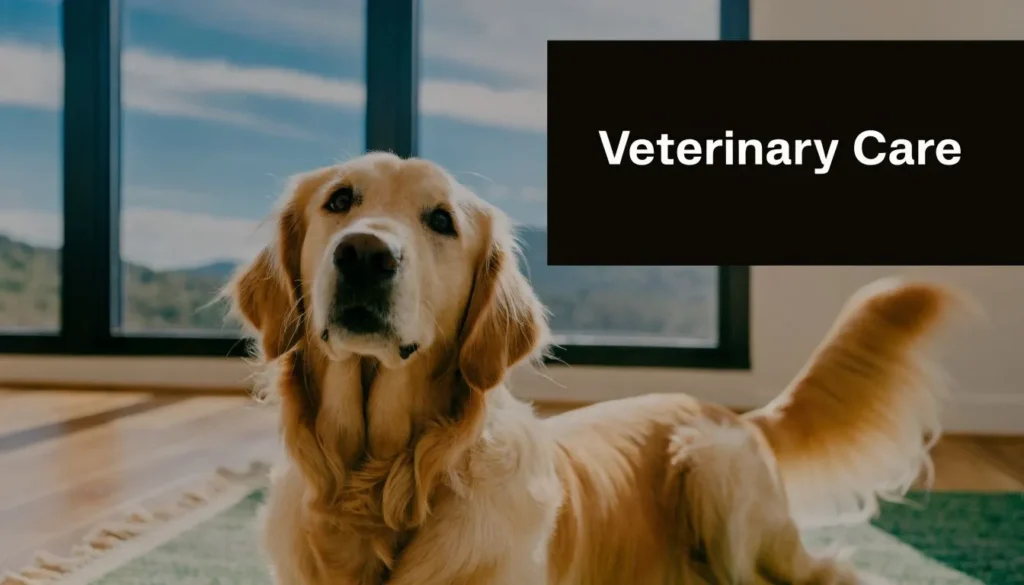 Golden retriever indoors with Veterinary Care text banner, representing pet health and veterinary treatment.