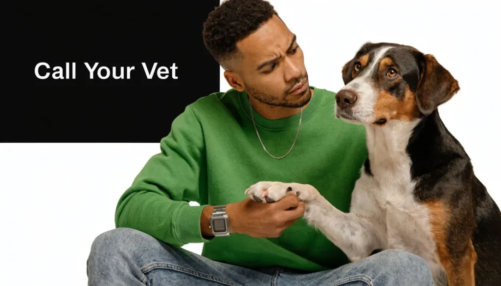 Concerned dog owner holding pet’s paw beside Call Your Vet text about veterinary advice and pet health care.