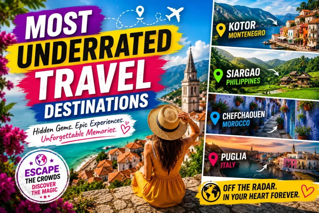 10 Most Underrated Travel Destinations for 2026 Underrated travel destinations thumbnail with scenic hidden gems, colorful coastal towns, and adventure travel graphics.