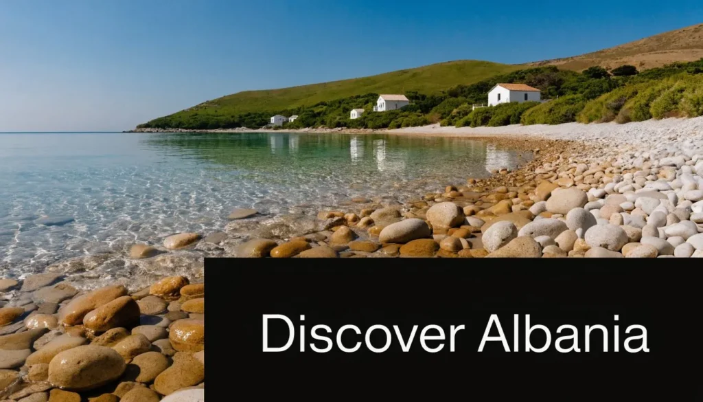 Rocky beach with crystal-clear water and hillside homes along Albania’s peaceful Mediterranean coastline
