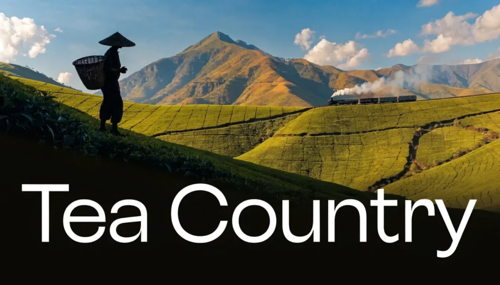 Scenic tea plantation with mountain views, steam train, and tea picker in a peaceful countryside landscape