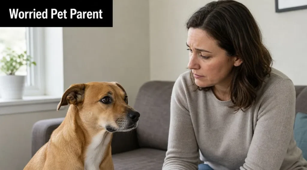 Worried pet owner sitting beside a dog at home, looking concerned about the pet’s health or breathing issues.