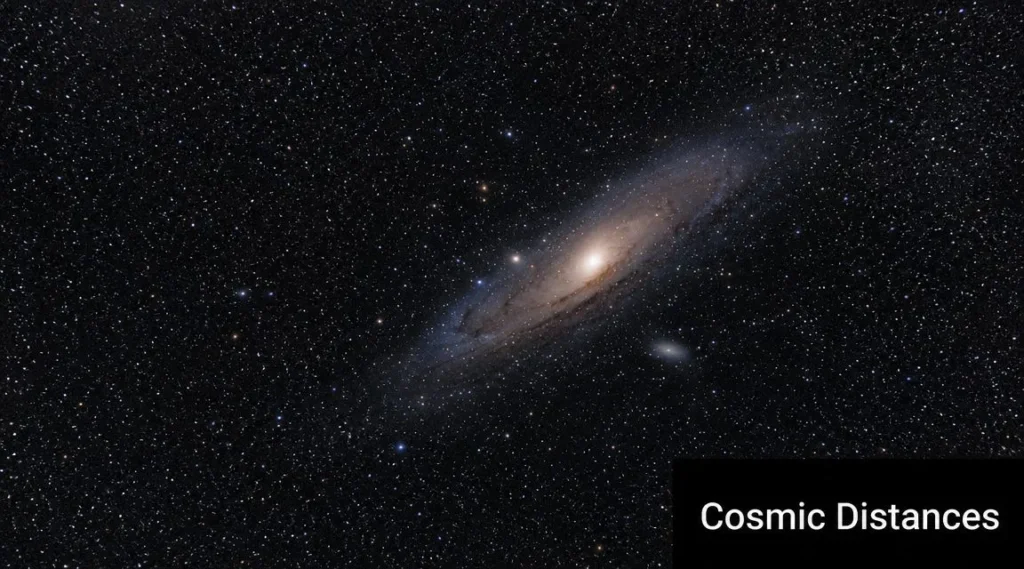 Andromeda Galaxy surrounded by countless stars, illustrating vast cosmic distances across intergalactic space.