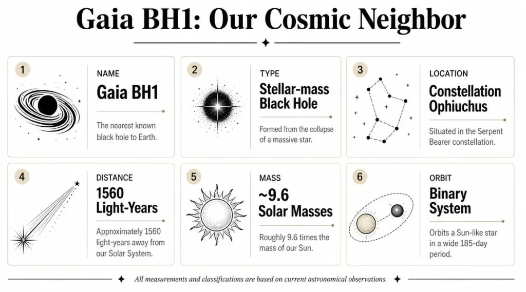 Gaia BH1 infographic showing the nearest known black hole, its location, mass, distance, and binary orbit details.