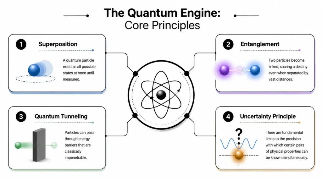 Unveiling New Discoveries In Quantum Physics Quantum physics infographic explaining superposition, entanglement, quantum tunneling, and the uncertainty principle.