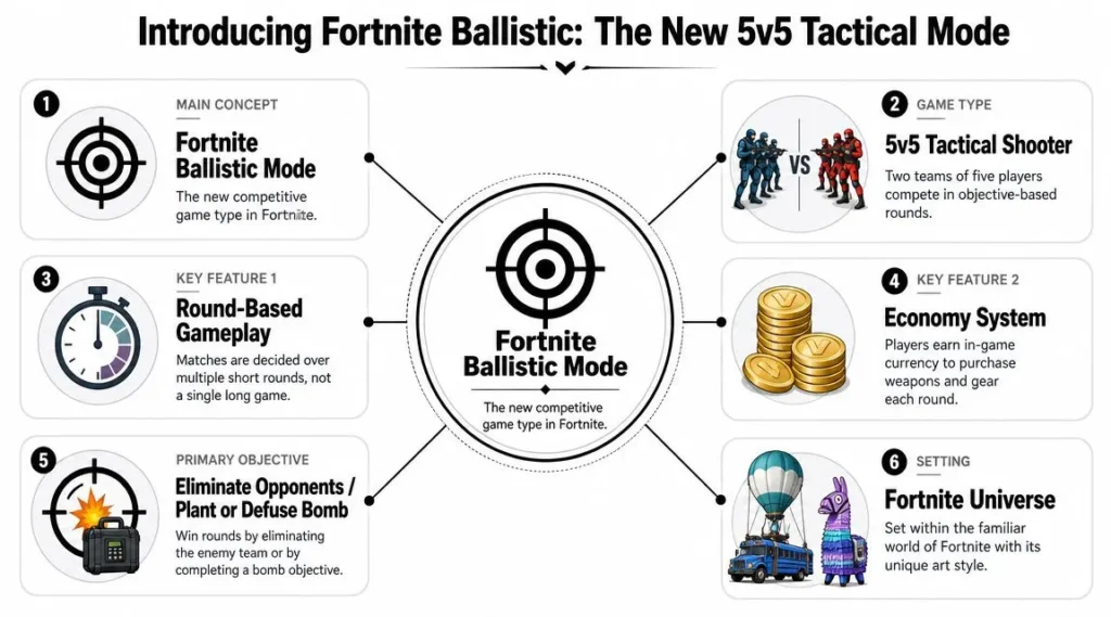 New Fortnite Game Mode: Ballistic Guide 2026 Fortnite Ballistic infographic explaining the 5v5 tactical mode, round-based gameplay, economy system, and objectives.