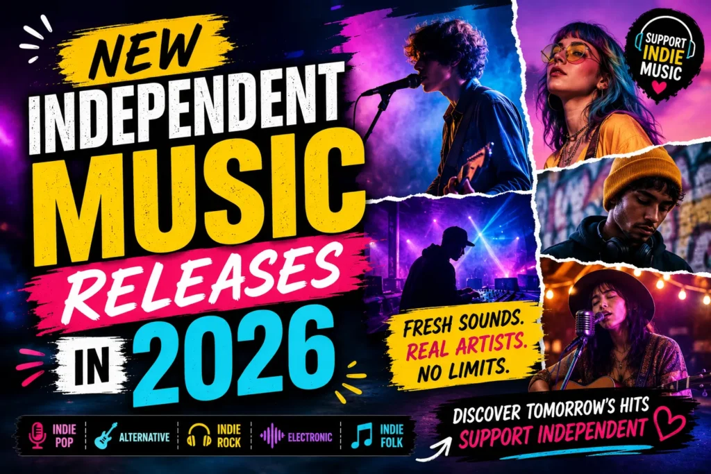 Neon indie music thumbnail with singers, DJs, bold 2026 release text, and colorful concert-style graphics.