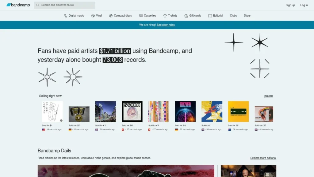 7 Sources for New Independent Music Releases in 2026 Bandcamp homepage showing music sales stats, featured albums, and navigation for digital music and merch.