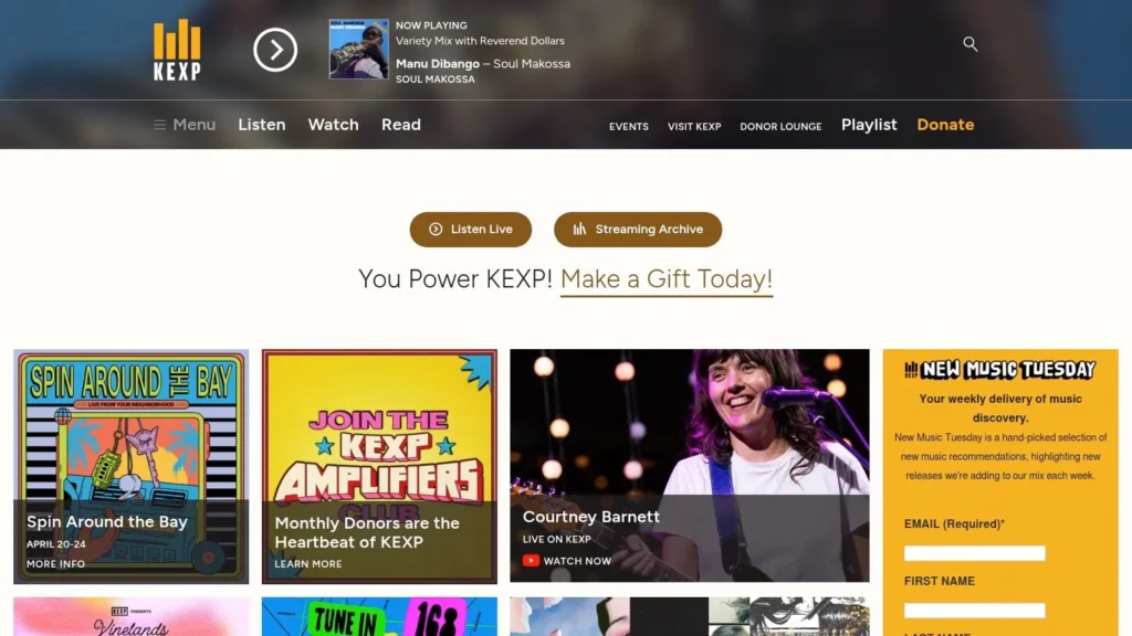 7 Sources for New Independent Music Releases in 2026 KEXP music website featuring live radio, artist performances, playlists, and independent music content.