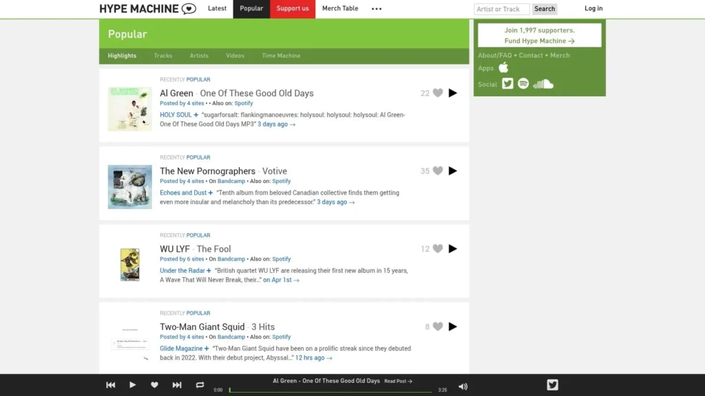 7 Sources for New Independent Music Releases in 2026 Hype Machine music discovery page showing trending indie tracks, artists, and album recommendations.