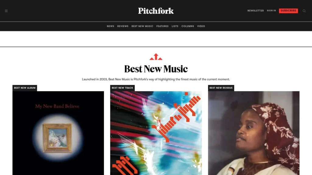 7 Sources for New Independent Music Releases in 2026 Pitchfork Best New Music page featuring top albums, tracks, and reissues with featured cover art.