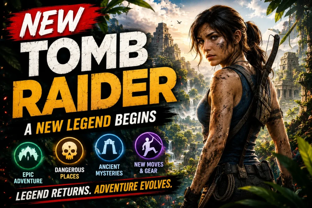 New Tomb Raider thumbnail with adventurous heroine, jungle ruins, waterfalls, and cinematic action graphics.