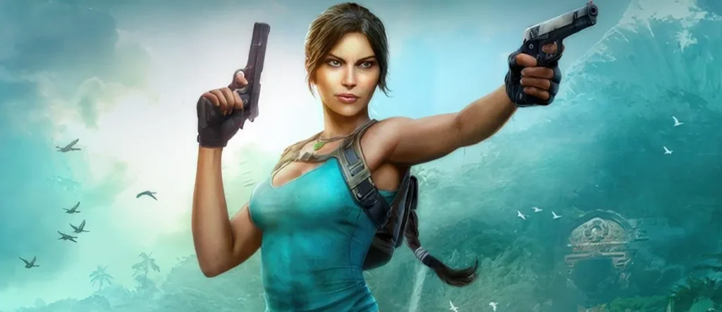 Action heroine aims dual pistols in a jungle setting with ruins and birds in the background.