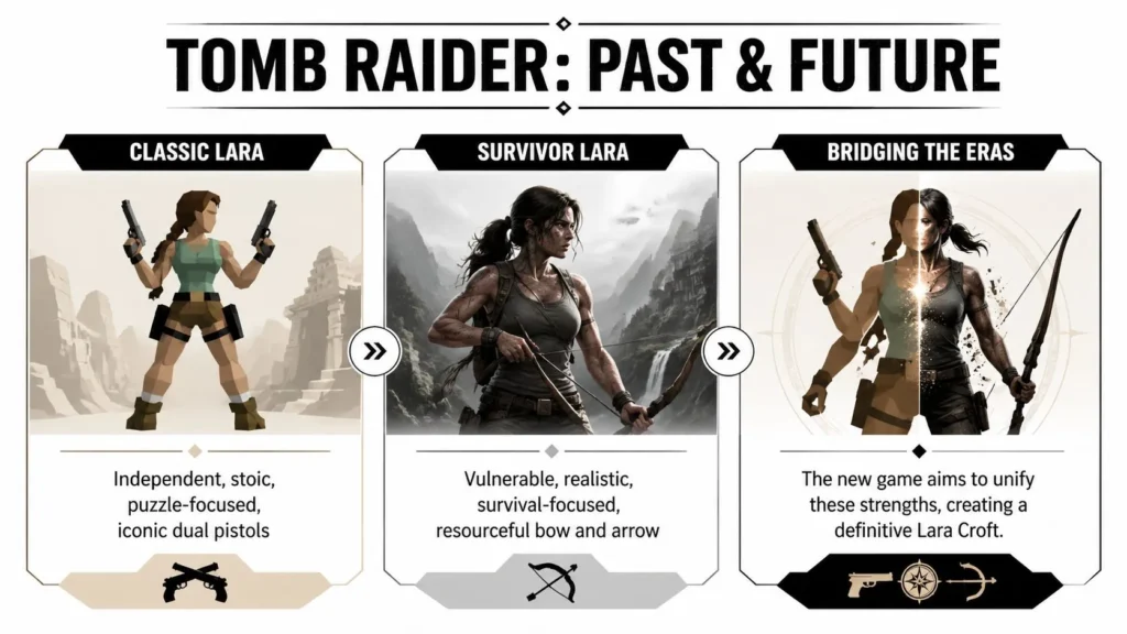 Infographic comparing classic and modern Tomb Raider styles, showing Lara Croft’s evolution across game eras.