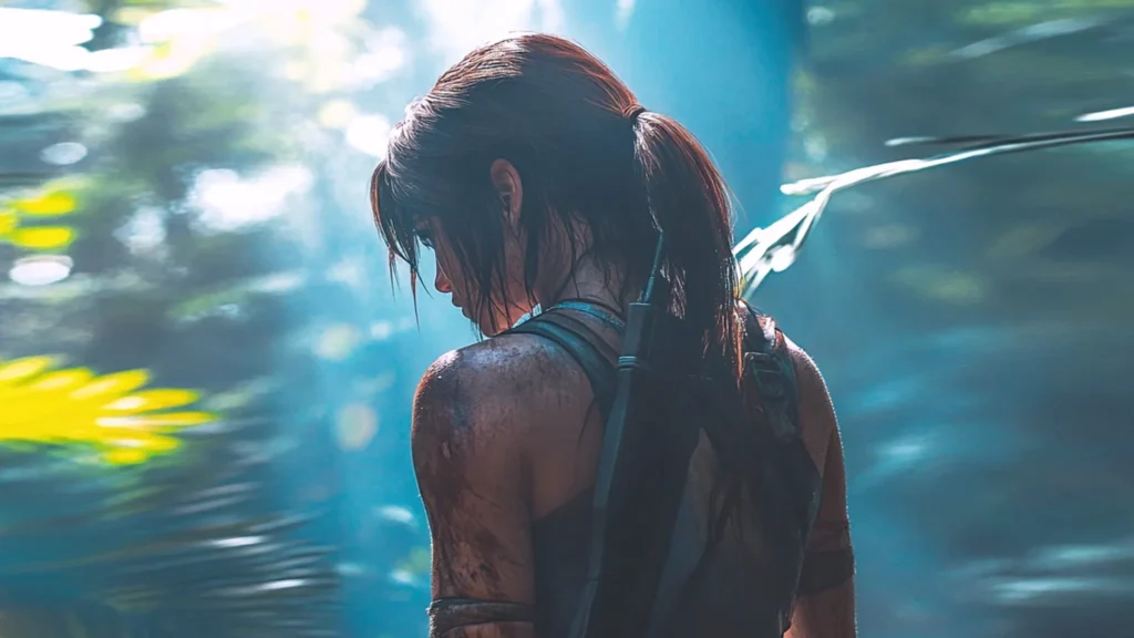 Adventure heroine with bow on her back stands in a sunlit jungle, covered in dirt after exploration.