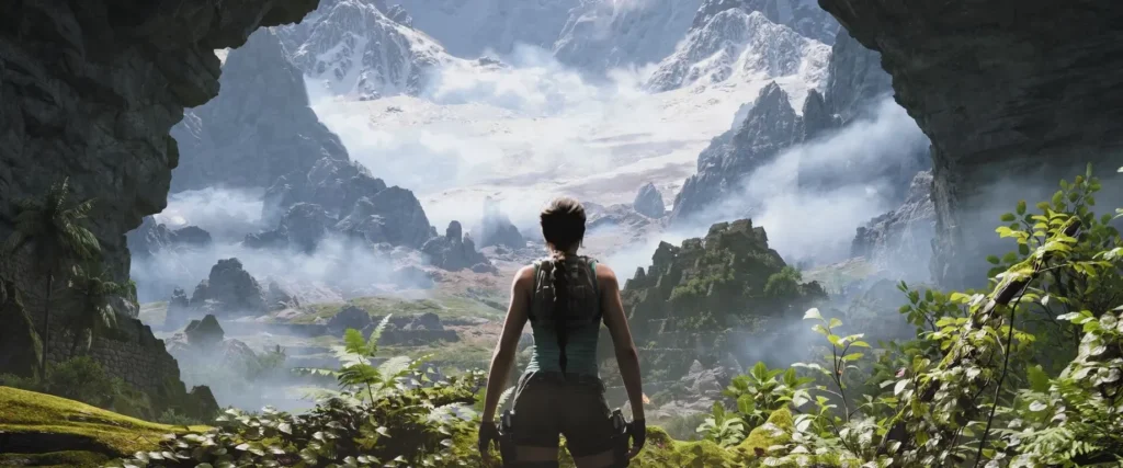 Explorer stands before misty mountains and jungle ruins inside a massive cave opening.
