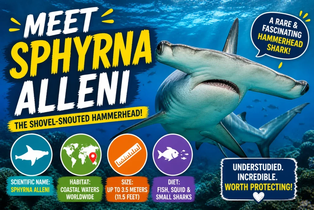 Hammerhead shark underwater with bold “Meet Sphyrna alleni” text and icons showing habitat, size, and diet