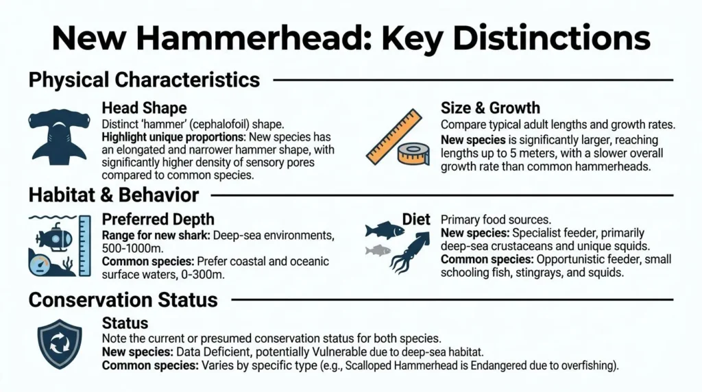 Infographic showing key differences of a new hammerhead shark: head shape, size, habitat, diet, and conservation status