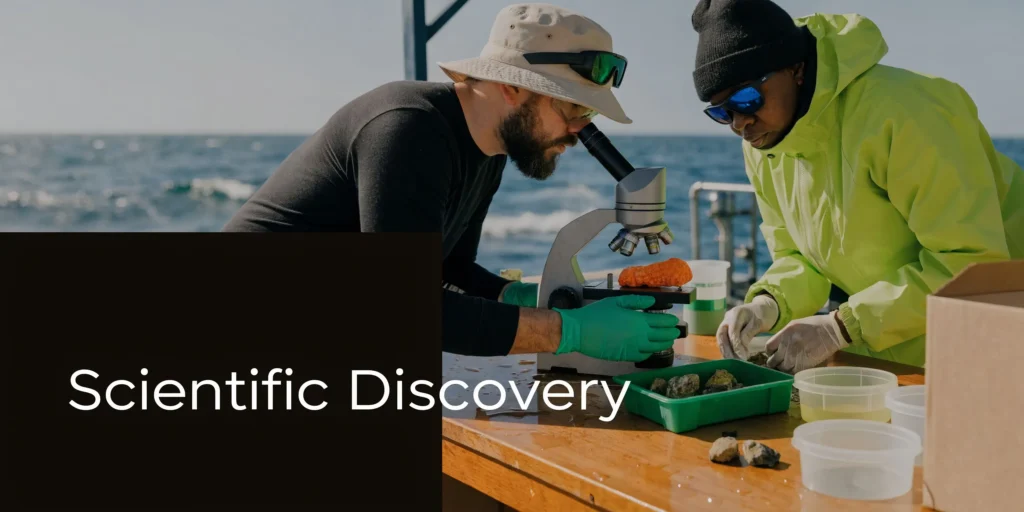 Scientists analyzing marine samples with a microscope on a boat deck, ocean in background, labeled “Scientific Discovery”