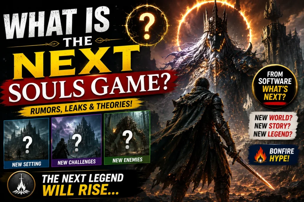 Dark fantasy Souls game thumbnail with armored warrior, giant boss, fiery eclipse, and dramatic game theory graphics.