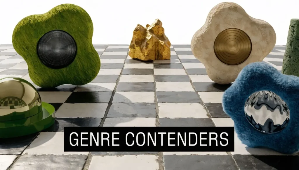 Abstract geometric objects on a checkered floor with “Genre Contenders” text overlay.