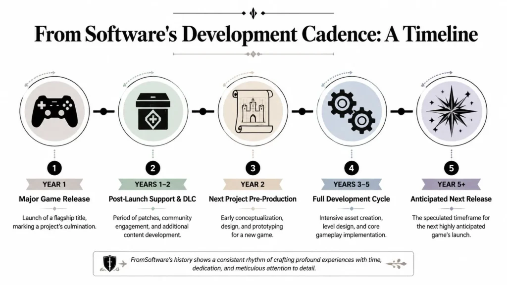 Timeline infographic showing FromSoftware’s game development cycle from release to next project launch.