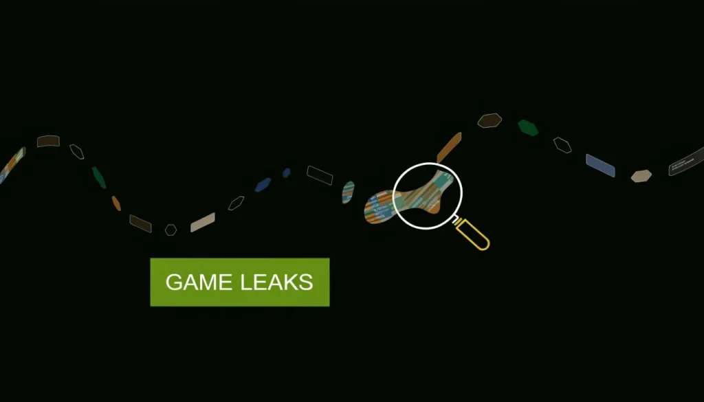 Abstract graphic with magnifying glass and scattered symbols illustrating video game leaks and discoveries.