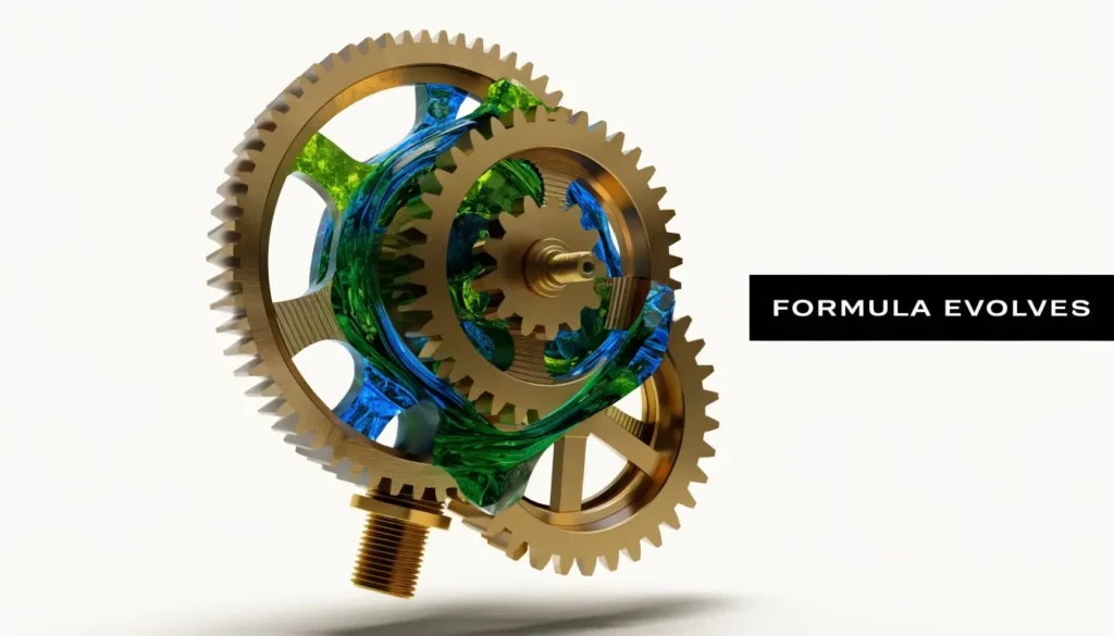 Interlocking metallic gears with abstract blue and green elements beside “Formula Evolves” text.