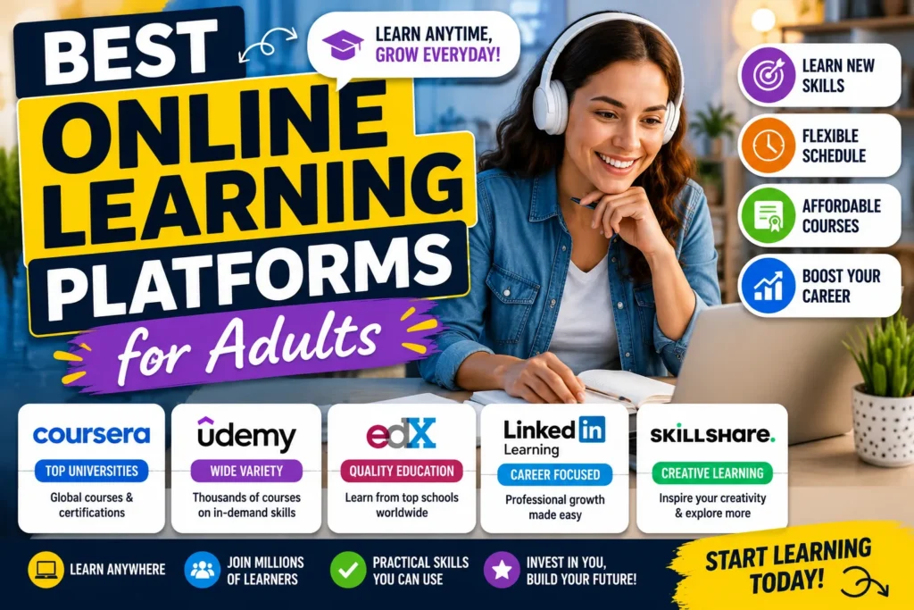 Colorful online learning platforms thumbnail with student using laptop, course logos, and adult education graphics.