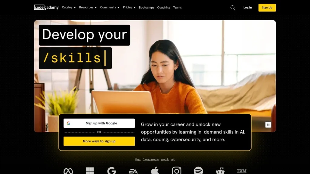 10 Best Online Learning Platforms for Adults in 2026 Codecademy homepage promoting coding, AI, and cybersecurity skills with a student using a laptop.