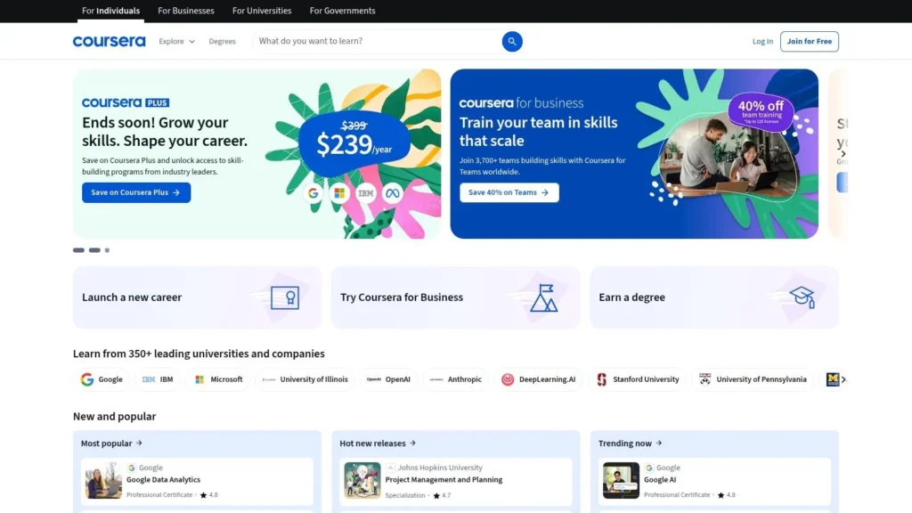 10 Best Online Learning Platforms for Adults in 2026 Coursera homepage displaying online courses, career programs, and business learning promotions.
