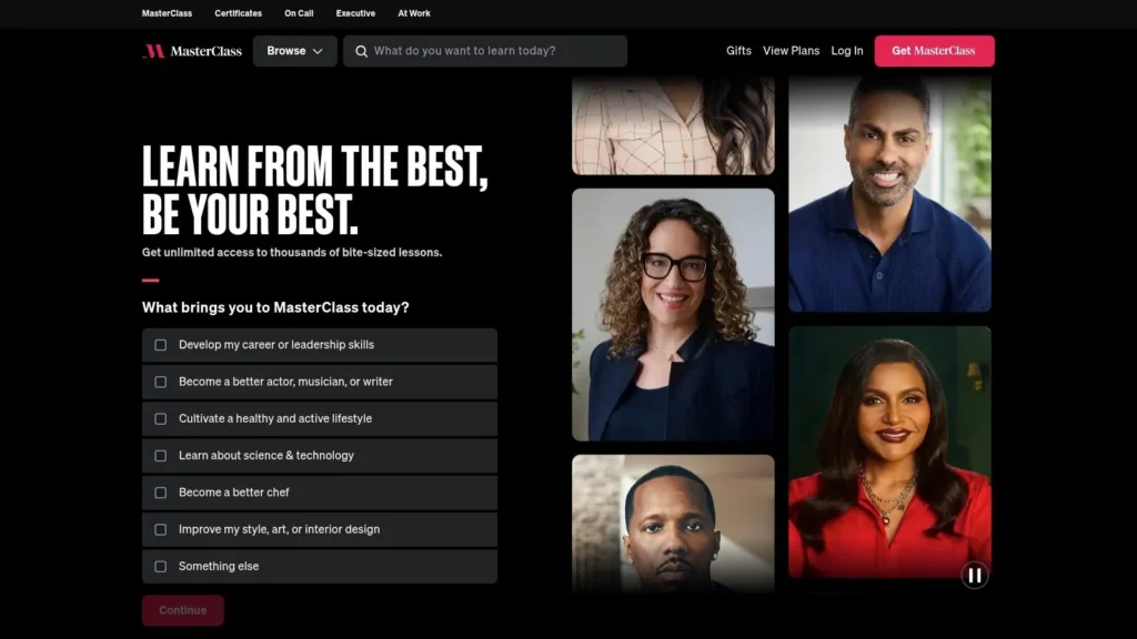 10 Best Online Learning Platforms for Adults in 2026 MasterClass homepage featuring expert-led online courses, learning categories, and instructor portraits.