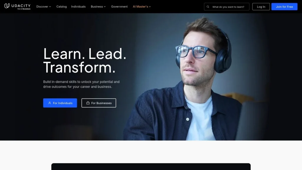 10 Best Online Learning Platforms for Adults in 2026 Udacity homepage promoting online tech courses with a student wearing headphones and learning career skills.