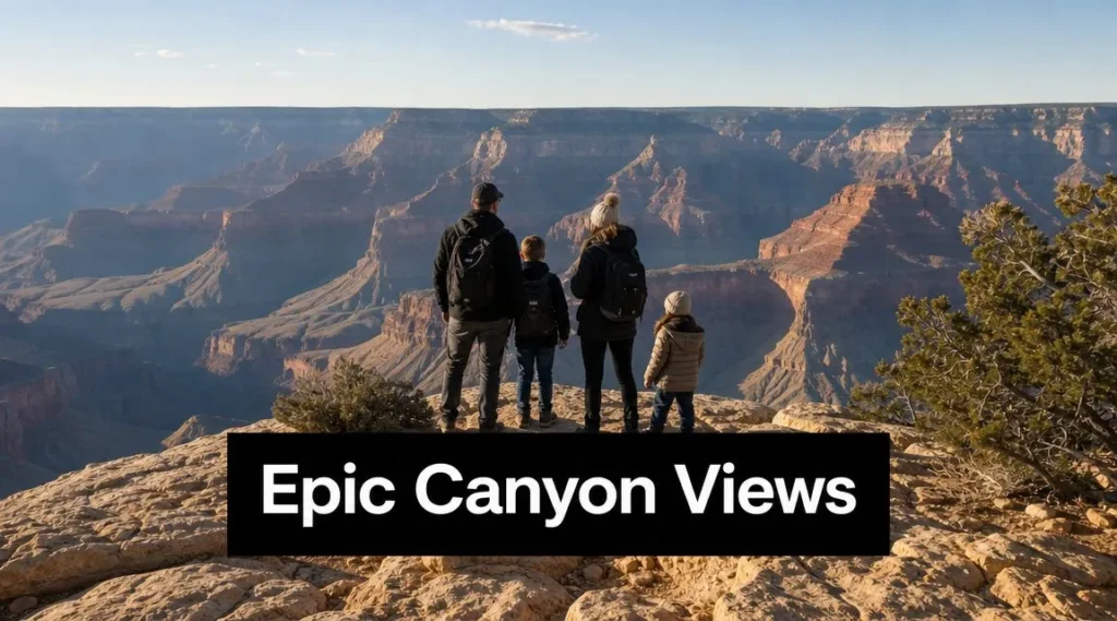 10 Best Places to Go on Family Vacations for 2026 Family overlooking the Grand Canyon from a scenic viewpoint, enjoying breathtaking canyon landscapes and outdoor adventure.