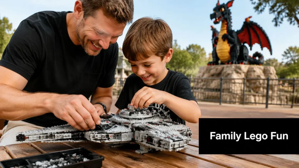 10 Best Places to Go on Family Vacations for 2026 Parent and child building a LEGO model together outdoors, enjoying a creative family activity near a dragon display.