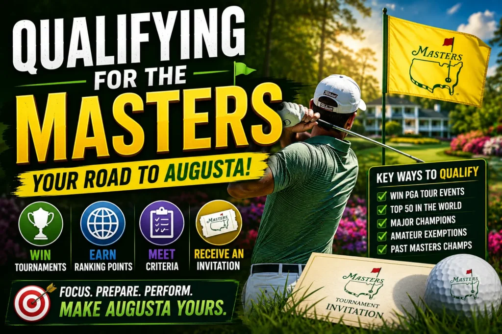 Golf Masters qualification thumbnail with golfer swing, Augusta-style course, and colorful tournament graphics.