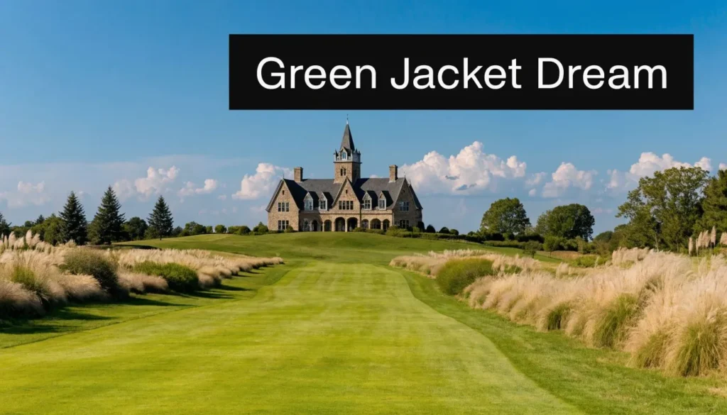 Luxury golf course leading to a grand clubhouse under blue skies with “Green Jacket Dream” title banner.