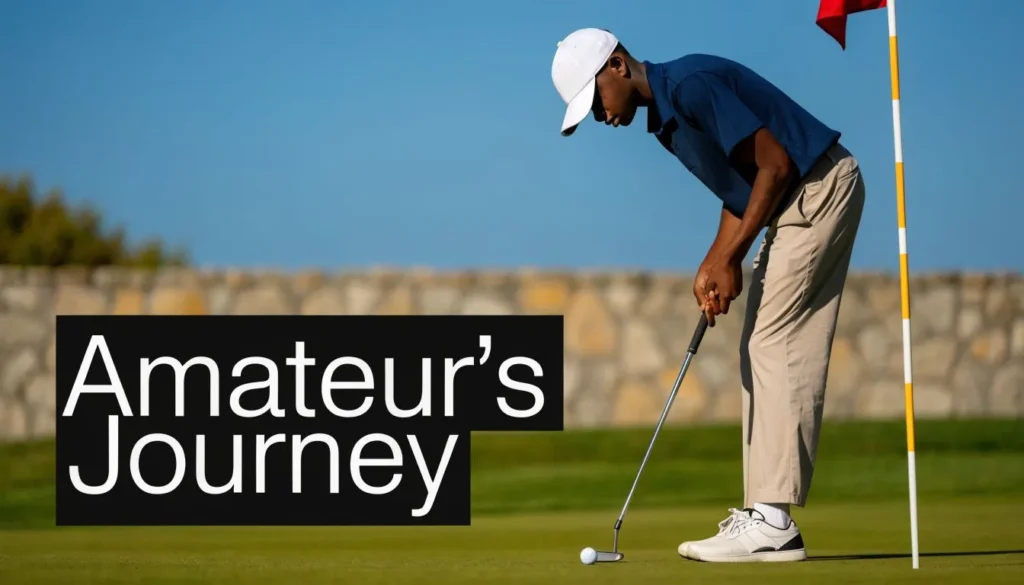 Golfer lining up a putt on a sunny course beside a flagstick with “Amateur’s Journey” text overlay.