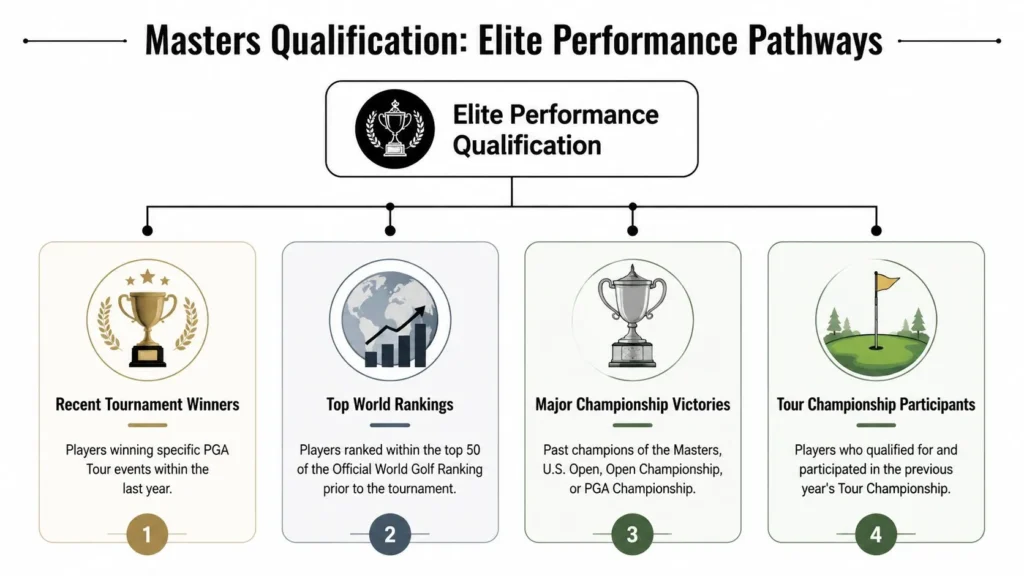 Infographic showing Masters qualification pathways through rankings, tournament wins, major titles, and tour events.