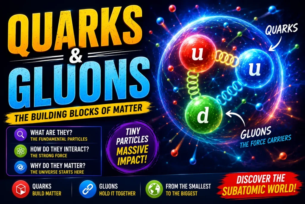 Colorful quarks and gluons thumbnail with glowing particle graphics, atomic structure, and cosmic science effects.