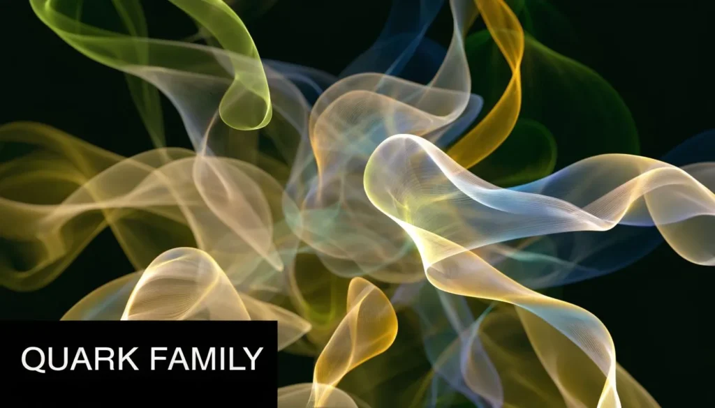 Abstract flowing light patterns representing quarks and particle interactions with “QUARK FAMILY” text overlay.