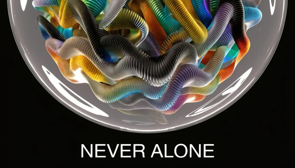 Abstract colorful particle-like tubes inside a glass sphere with “NEVER ALONE” text overlay.
