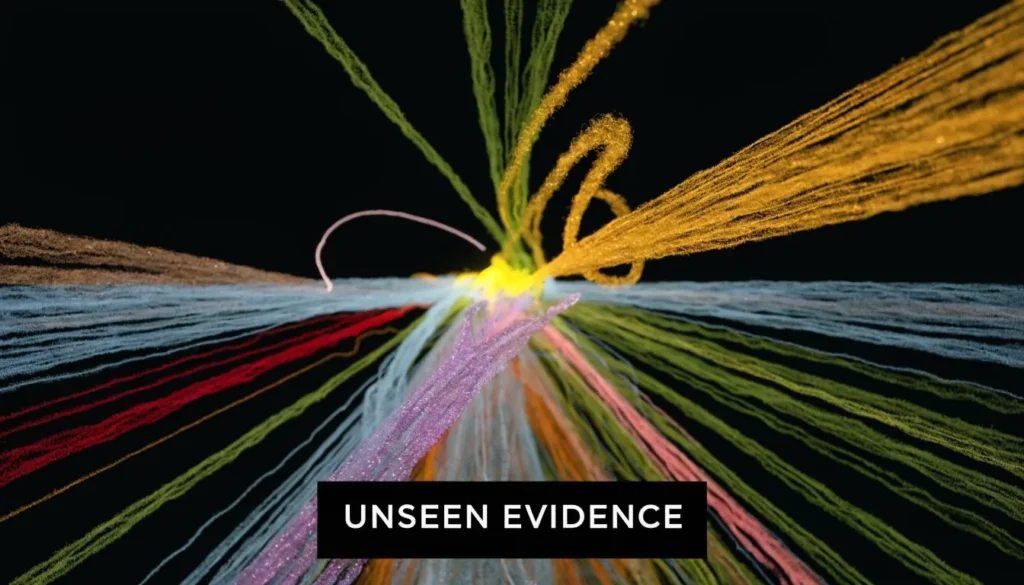 Abstract particle collision with colorful energy trails and “UNSEEN EVIDENCE” text overlay.