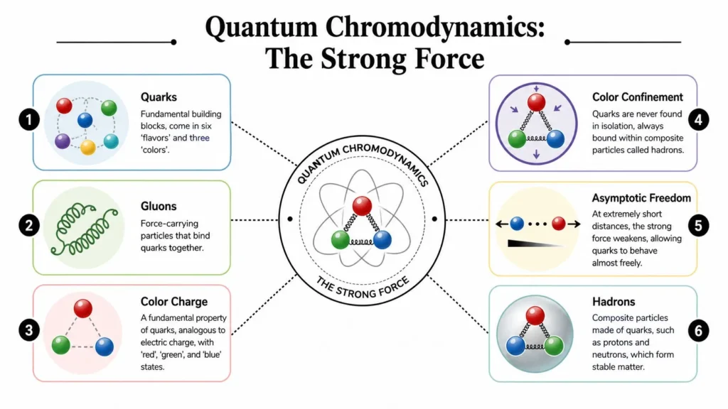 Infographic explaining quantum chromodynamics, quarks, gluons, color charge, and the strong force.