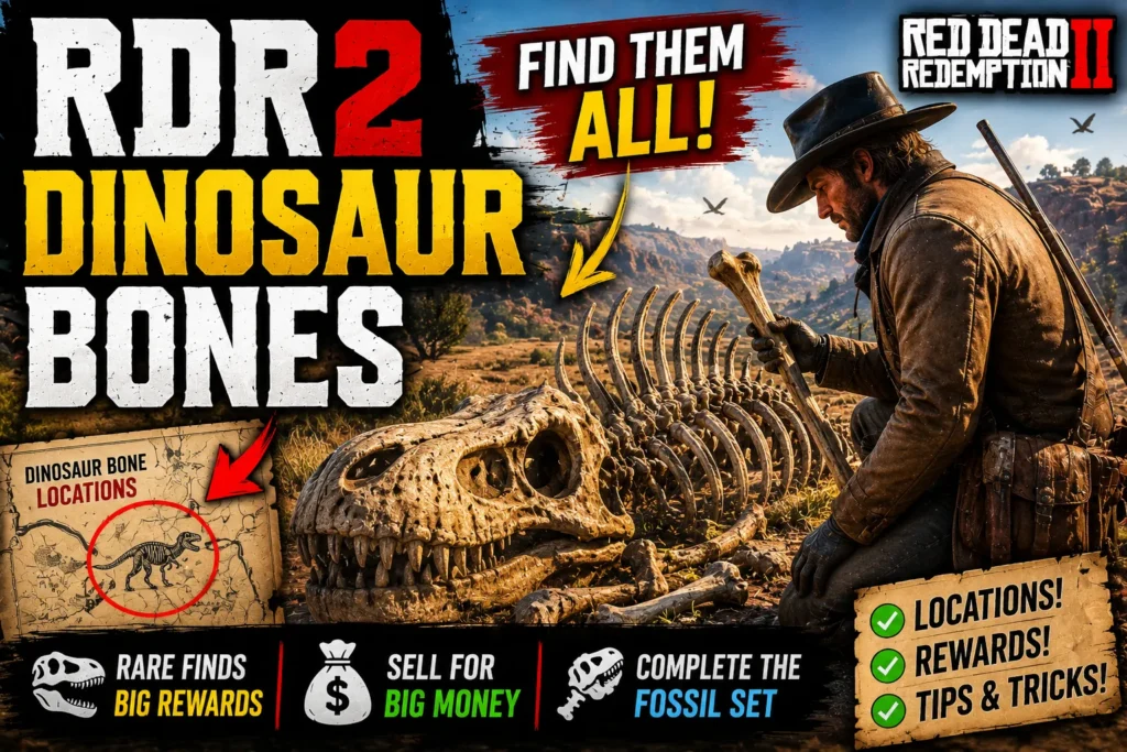 RDR2 dinosaur bones thumbnail with cowboy explorer, giant fossil skeleton, desert landscape, and treasure hunt graphics.