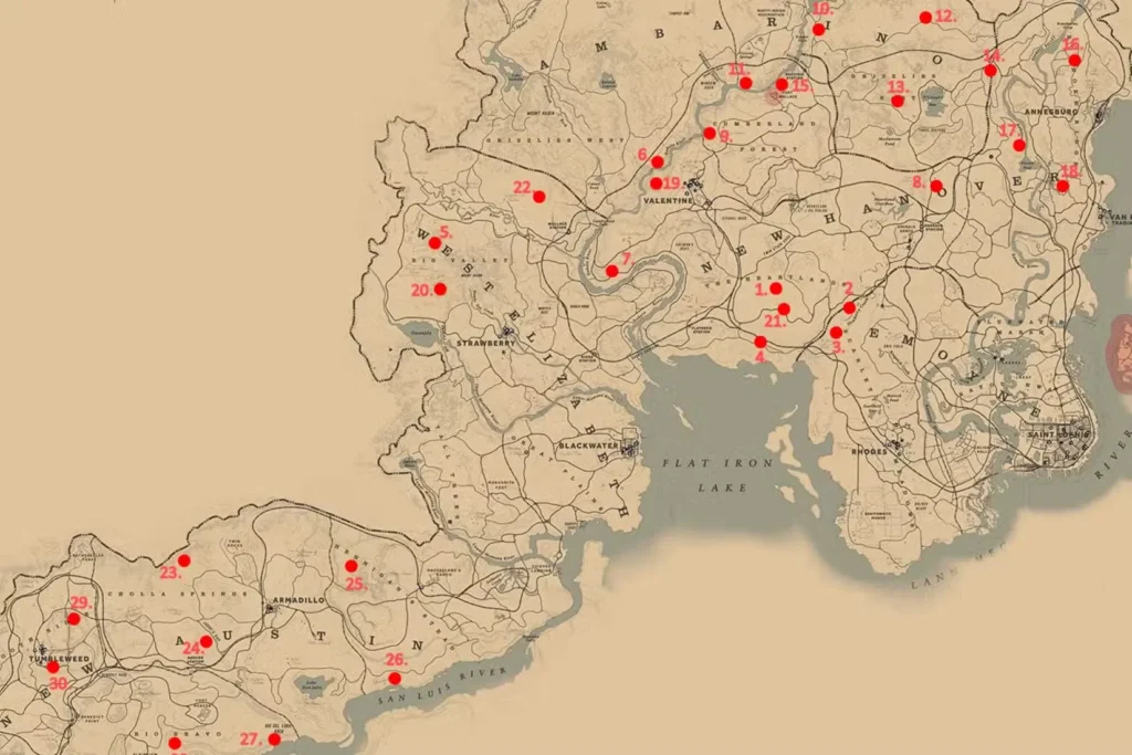 Map of all dinosaur bone locations in Red Dead Redemption 2 marked with numbered red dots across the game world.